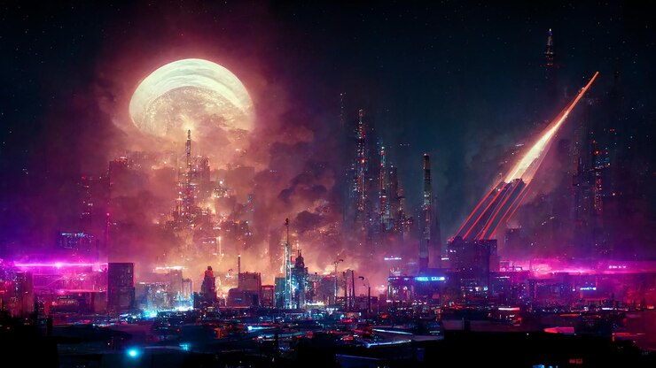 Foto scifi futurista cyberpunk metropolis skyline panorâmica arte ilustração