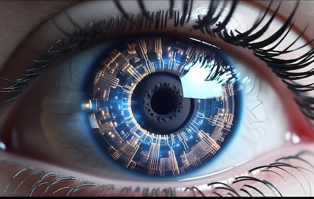 Scifi Futurista Cyborg Ojo de mujer con tecnología biónica Lente de contacto inteligente con implantes biométricos de retina Ai generativo