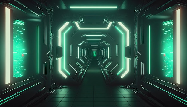 Scifi futurista iluminado neon túnel brilhante Generative ai