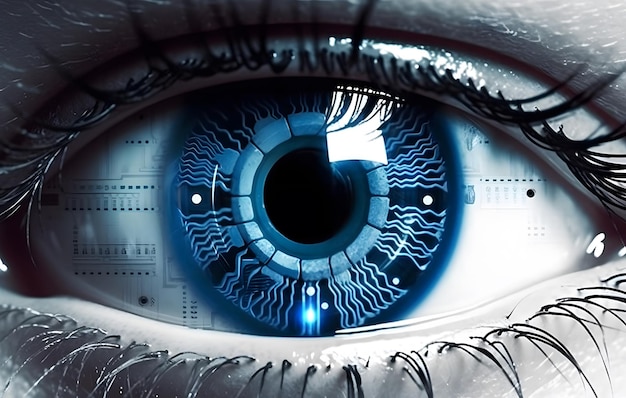Scifi Futuristic Cyborg Woman's eye with Bionic Technology Smart contact lens with biometric retina implants Generative Ai