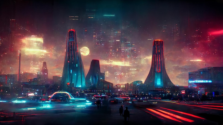 Foto scifi futuristische cyberpunk-neon-stadtstraßen-panoramische szenische kunst-illustration