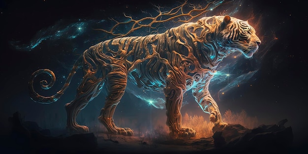 Scifi-Gehirn, tigerähnliche Kreatur, Gott, Urtier, Kreatur, die Fauna verkörpert, Fantasy-Kreatur mit tigerartig gemustertem Fell, Milchstraße mit Sonnensystem-Fusionswald als Hintergrund. Generiert von KI