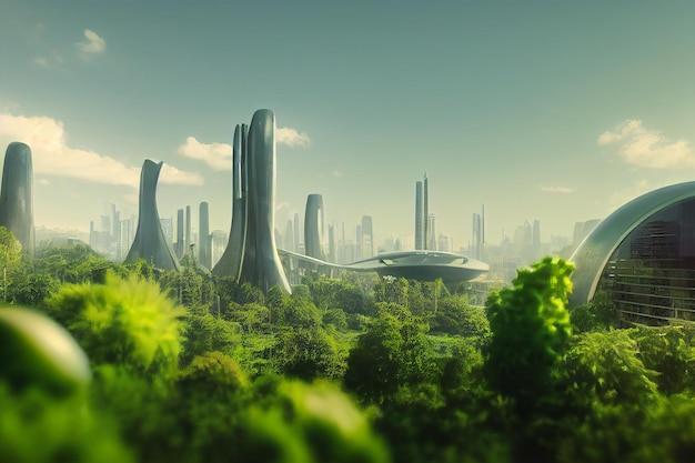 Scifi green utopia futuristic city environmentalism concept 3d art illustration