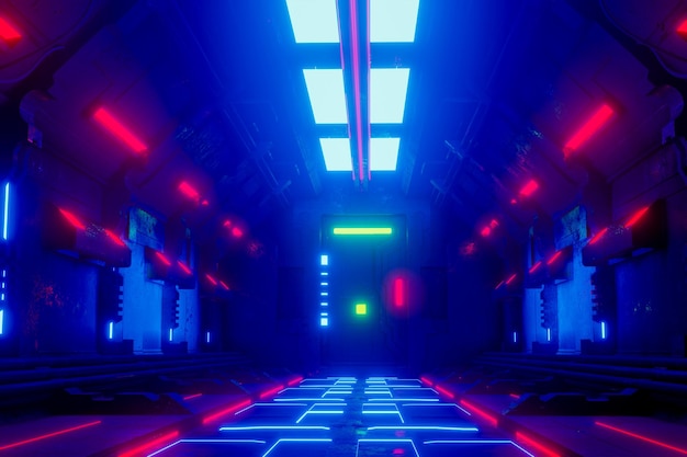 Foto scifi-grunge beschädigter metallischer korridorhintergrund, beleuchtet mit neonlichtern, 3d-rendering