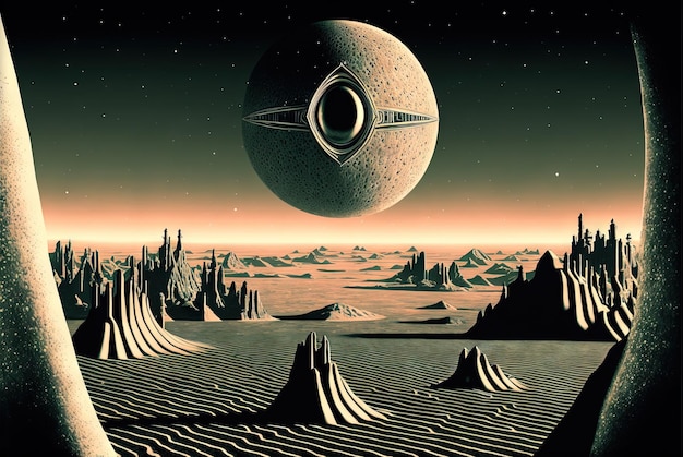 Scifi-Landschaft im Retro-Stil mit Bergen Retro-futuristische Science-Fiction-Illustration im Zeichenstil mit außerirdischer Sonne Generierte KI