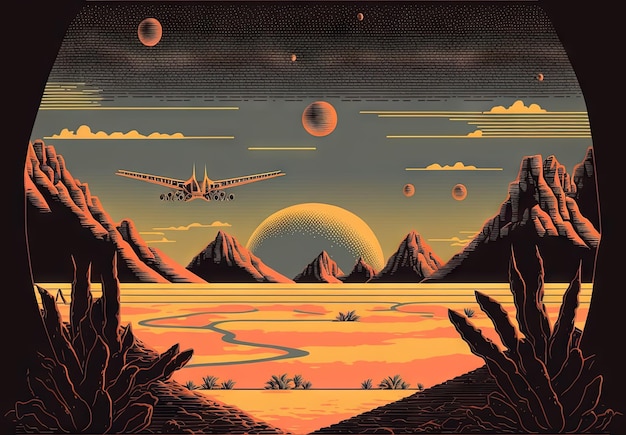 Scifi-Landschaft im Retro-Stil mit Bergen. Retro-futuristische Science-Fiction-Illustration im Zeichenstil mit außerirdischer, von der Sonne generierter KI