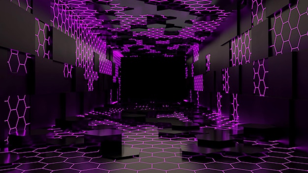 Scifi moderno de sala escura com renderização em 3D de luzes de néon
