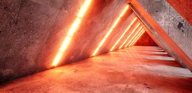 SciFi Neon leuchtende Lampen in einem dunklen Korridor Reflexionen auf dem Boden und den Wänden Leerer Hintergrund in der Mitte 3D-Rendering-Bild Technologie futuristischer Hintergrund