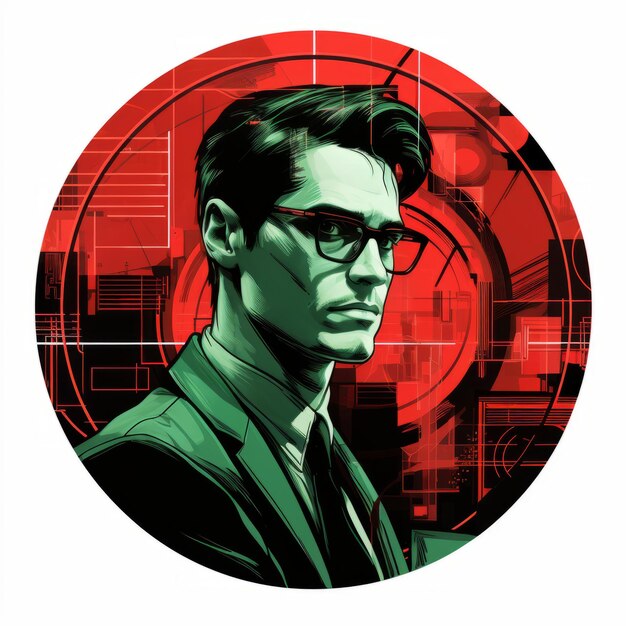 Scifi Noir Retrato de um homem bonito em um círculo vermelho com óculos