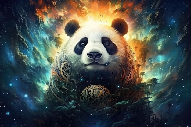 Scifi panda criatura de fantasia animal selvagem com céu colorido fundo escuro Generative Ai