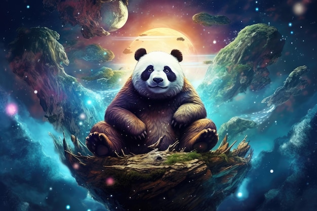 Scifi Panda wildes Tier Fantasie Kreatur mit farbenfrohem Himmel dunkler Hintergrund Generative Ai