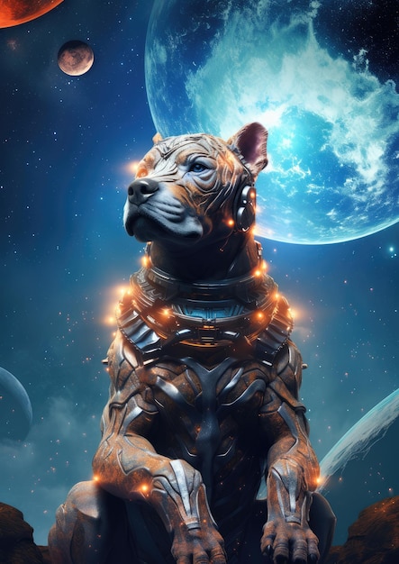 Scifi perro hogar animal criatura de fantasía con cielo colorido fondo oscuro Generativo Ai