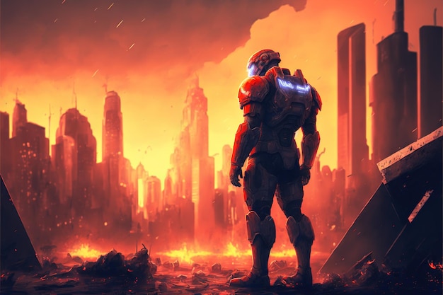 Scifi-Soldat mit der Waffe Futuristischer Soldat, der auf Stadtruinen gegen den glühenden Planeten steht Illustrationsmalerei im digitalen Kunststil