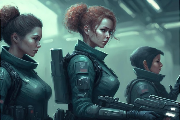 Scifi-Soldaten in einem futuristischen Anzug Drei futuristische weibliche Soldaten Illustrationsmalerei im digitalen Kunststil