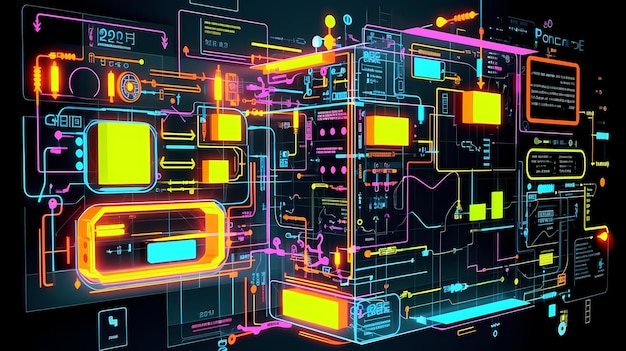 scifi synthwave cyberpunk computador virtual holograma interface micro esquema de néon HUD