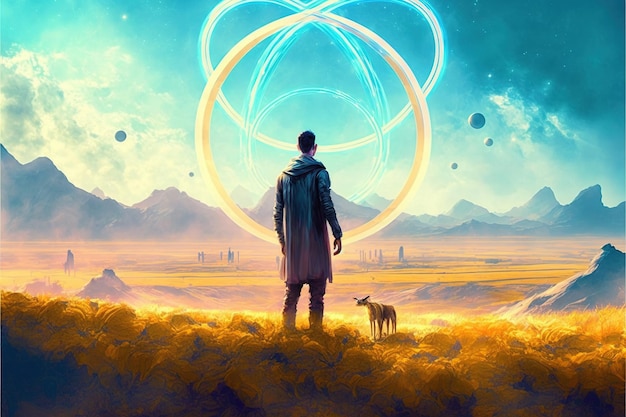 SciFi-Szene, die einen futuristischen Mann zeigt, der auf einem Feld steht und den Planeten mit riesigen Ringen anschaut