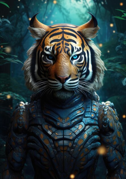 Scifi Tiger wildes Tier Fantasie Kreatur mit farbenfrohem Himmel dunkler Hintergrund Generative Ai