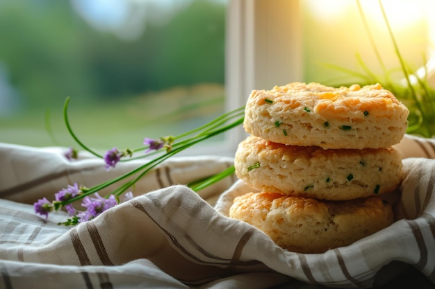 Scones mit Käse und Frühlingszwiebeln, Cheddar- und Schnittlauchkekse, generative KI