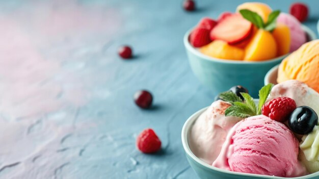 Scoops de sorvete variados em uma tigela com frutas frescas e bagas em um fundo azul para uma sobremesa doce