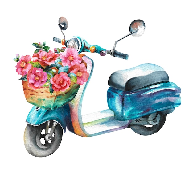 Scooter de acuarela Scooter azul con una cesta de mimbre con flores en estilo retro sobre un fondo blanco