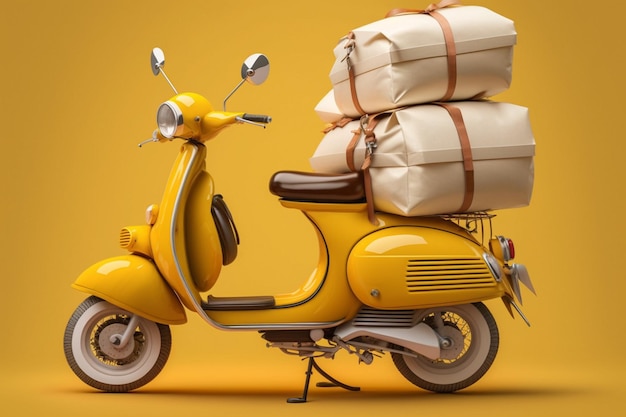 Un scooter amarillo con bolsas en la espalda está sobre un fondo amarillo.