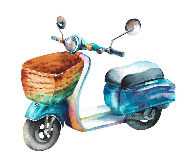 Scooter aquarela Scooter azul com uma cesta de vime em estilo retrô em um fundo branco