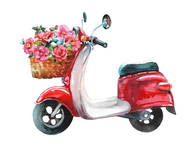 Scooter aquarela Scooter vermelho com uma cesta de vime com flores em estilo retrô em um fundo branco