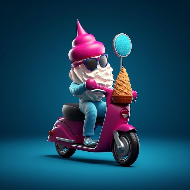 scooter azul montando um sorvete rosa
