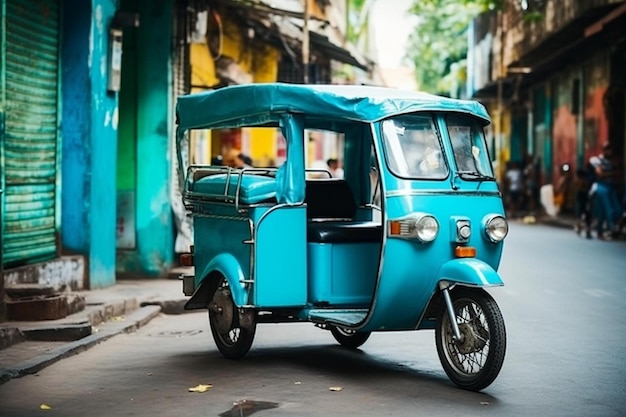 un scooter azul con una tapa azul que dice que el asiento del conductor está abierto