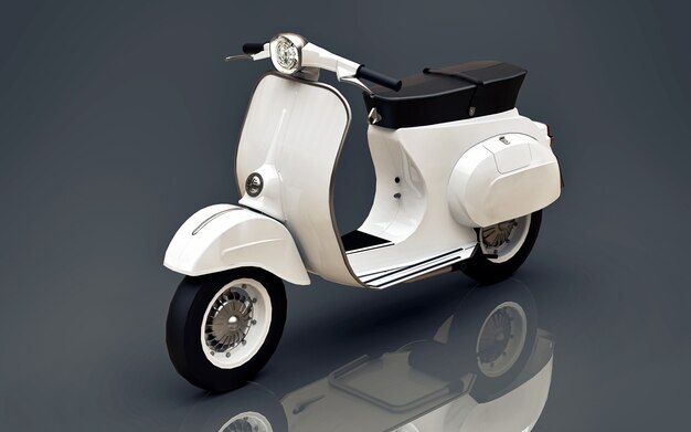 Scooter blanco europeo vintage sobre un fondo gris. Representación 3D.