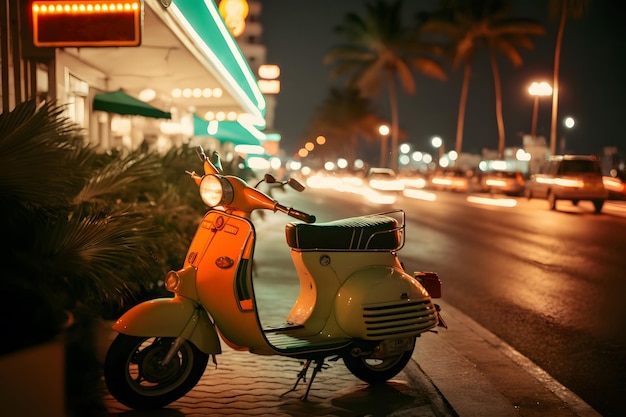 Scooter ciclomotor na praia de miami ocean drive à noite com luzes de néon de hotéis Rede neural gerada por IA