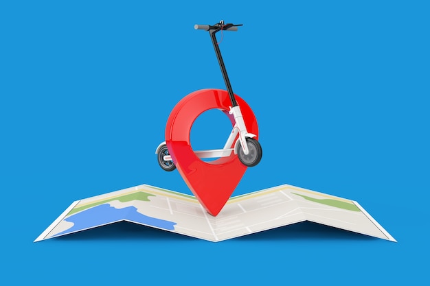 Scooter de chute elétrico moderno Eco branco com pino de ponteiro de mapa vermelho sobre o mapa da cidade em um fundo azul. Renderização 3D