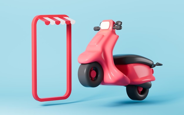 Scooter de desenho animado e compras on-line renderização 3D ilustração 3D