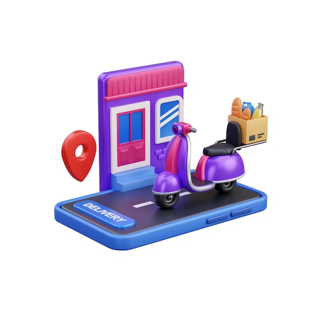 Scooter de entrega de alimentos em 3D em ilustração de aplicativo de smartphone
