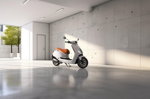 Un scooter eléctrico dentro de una casa minimalista.