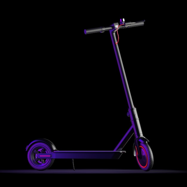 Scooter eléctrico Eco moderno negro sobre un fondo negro. Representación 3D