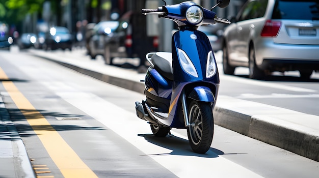 Foto un scooter eléctrico estacionado en un carril para bicicletas que representa un transporte urbano limpio alternativo