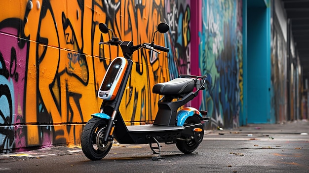 Foto un scooter eléctrico minimalista estacionado en un vibrante callejón urbano lleno de graffiti