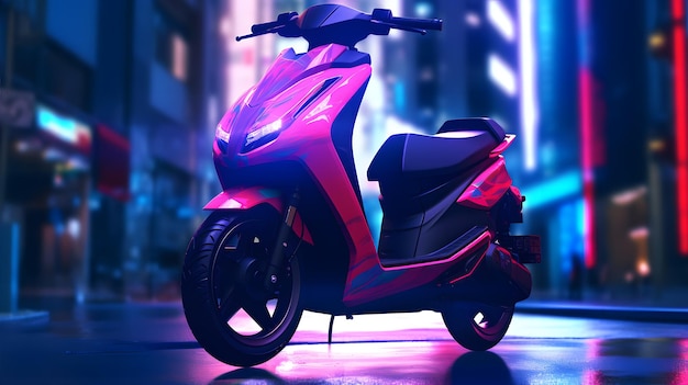 Un scooter eléctrico moderno que se extiende a lo largo de una calle futurista de la ciudad rodeada de elegantes edificios adornados con jardines verticales