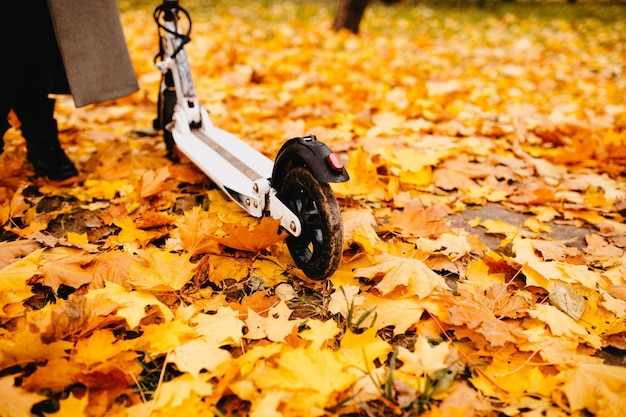 Scooter elétrica em um parque de outono andando em veículos elétricos no tempo frio