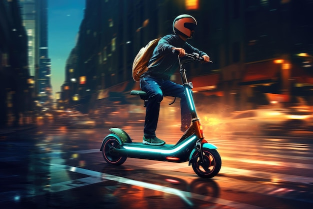 Scooter elétrico em uma rua noturna da cidade scooter elétrico na paisagem da cidade de pé na estrada scooter elétrica na cidade gerada pela IA