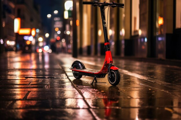 Scooter elétrico em uma rua noturna da cidade scooter elétrico na paisagem da cidade de pé na estrada scooter elétrica na cidade gerada pela IA