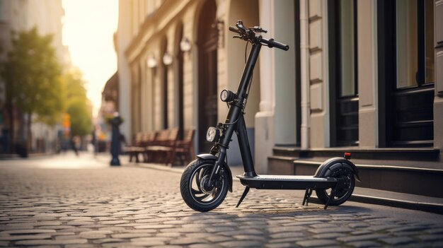 Scooter elétrico estacionado na Rua Cobblestone