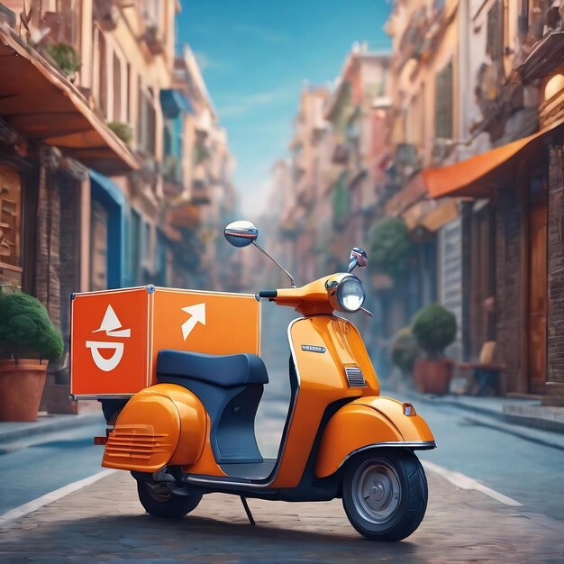 Scooter de entrega fuera del teléfono inteligente y puntero de ubicación concepto de comercio electrónico de entrega en línea en blu