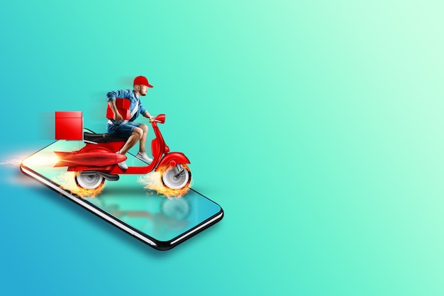 El Scooter de entrega rápida sale del teléfono inteligente. Concepto de entrega, pedidos en línea, entrega de alimentos, última milla, plantilla, banner. Ilustración 3D, render 3D.