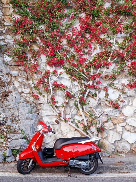 Foto scooter estacionado contra a parede