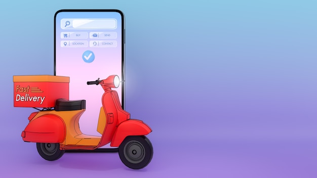 Scooter de expulsado de un teléfono móvil., Concepto de servicio de entrega rápida y compras en línea., Ilustración 3d con trazado de recorte de objetos.