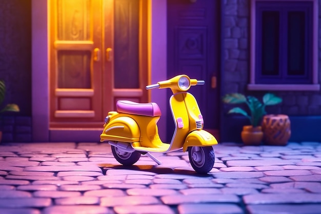 Scooter inspirado em Art Deco estacionado sob uma luz de rua brilhante Escena de praia exótica amarela e violeta com adorável Toy Vibe AI