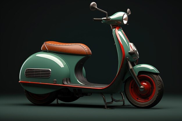 Scooter moderno 3D Renderización de scooter moderno aislado en fondo oscuro Vista lateral delantera de la luz generada por IA