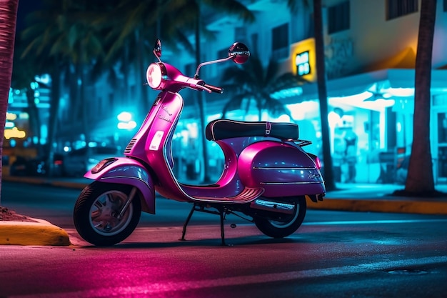 Scooter Moped em Ocean Drive Miami Beach à noite Generative Ai